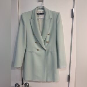 Zara Light Green Double-Breasted Long Blazer